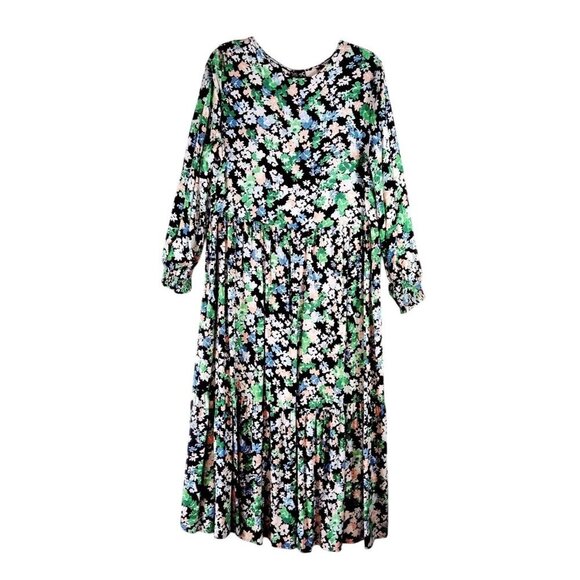 Peasant Floral Midi Dress Sz M H&M Tiered Skirt High Waist Granny Core Boho - Picture 1 of 12